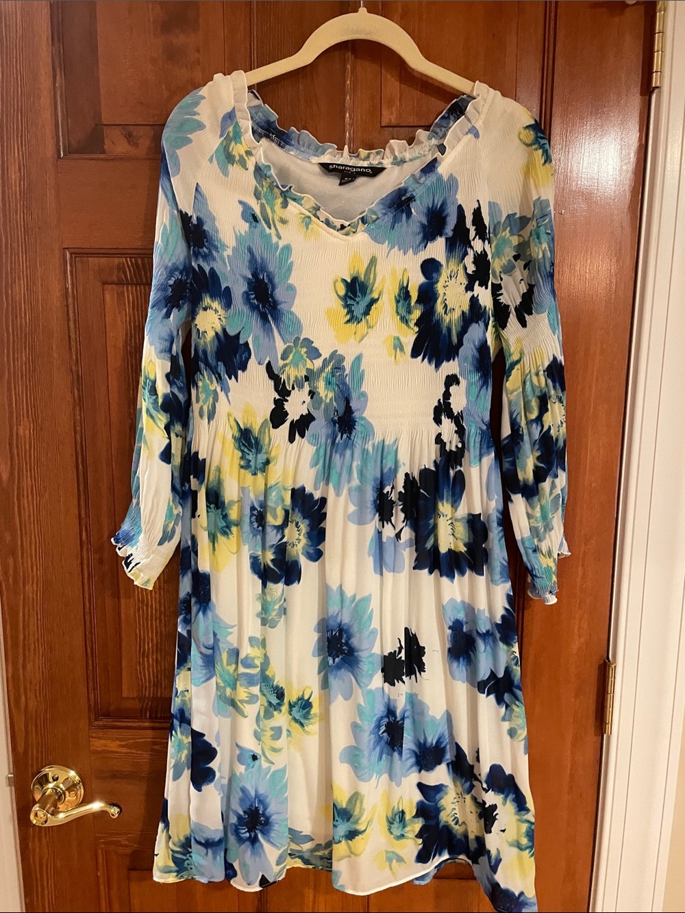 Sharagano Blue & White Floral Long Sleeve Dress